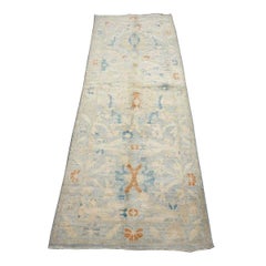 Turkish Sultanabad Wool 3x8 Tan & Light Blue Handmade Runner Rug
