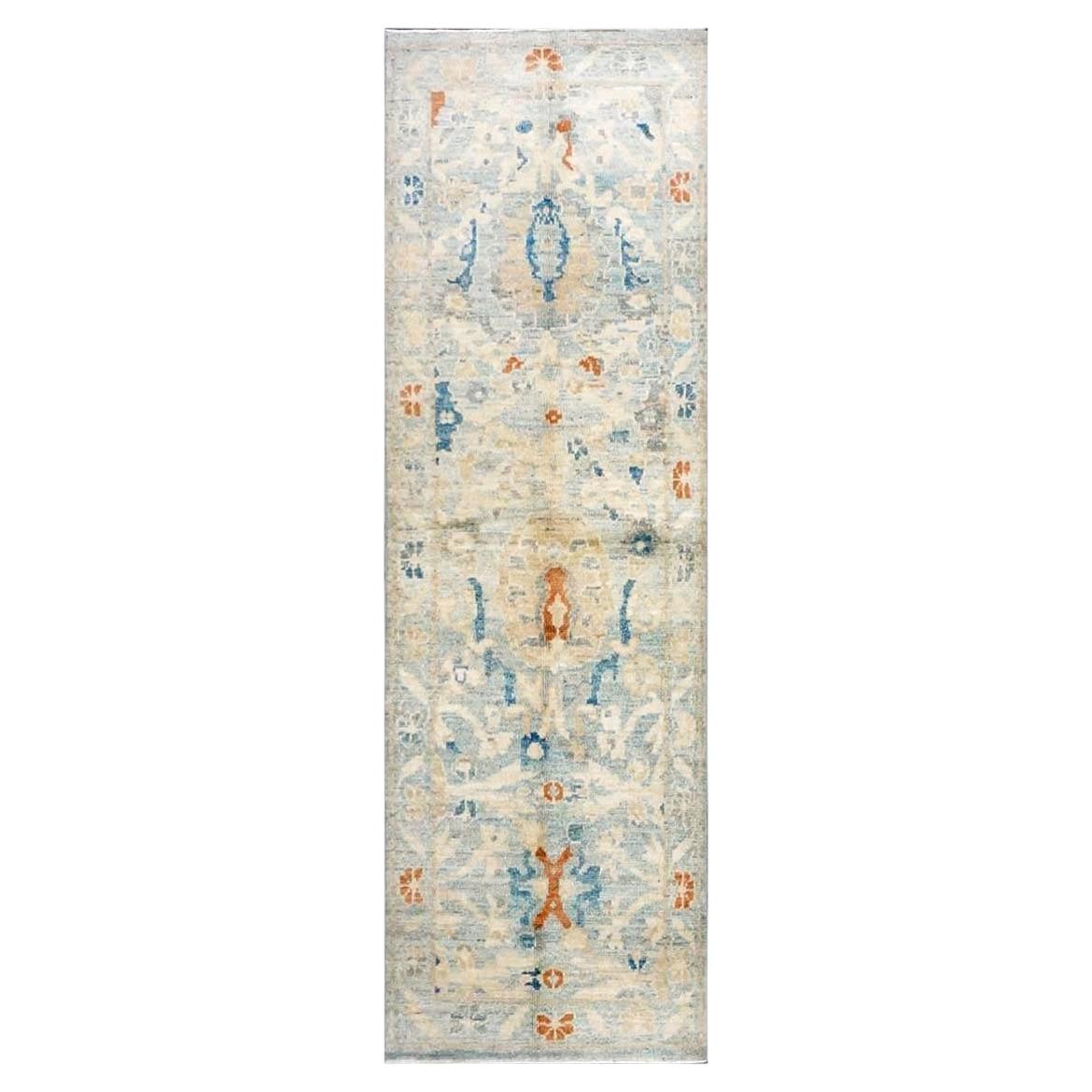 Turkish Sultanabad Wool 3x8 Tan & Light Blue Handmade Runner Rug