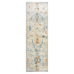 Turkish Sultanabad Wool 3x8 Tan & Light Blue Handmade Runner Rug