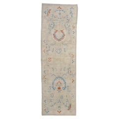 Turkish Sultanabad Wool 3x8 Tan & Light Blue Handmade Runner Rug