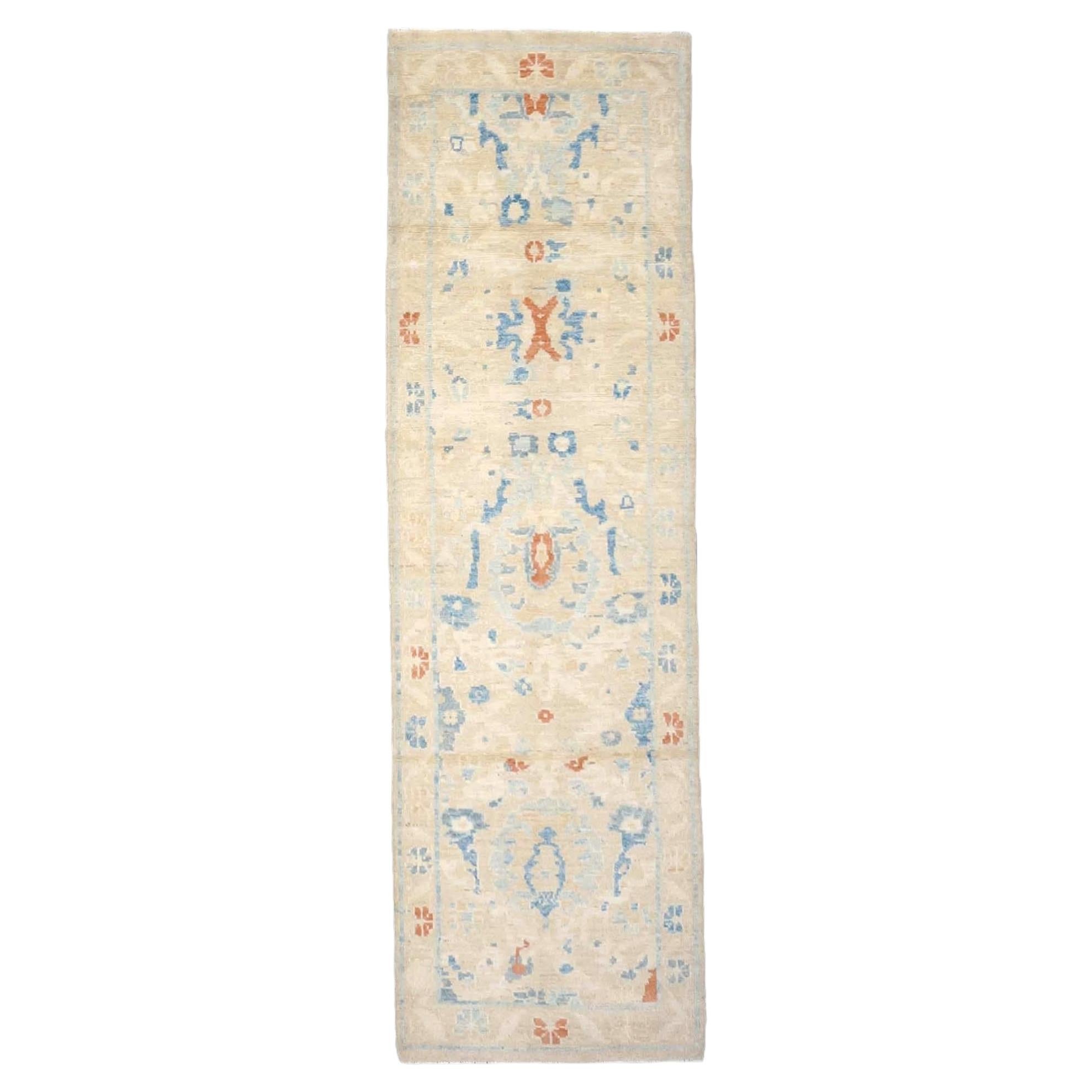 Turkish Sultanabad Wool 3x8 Tan & Light Blue Handmade Runner Rug