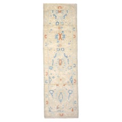 Turkish Sultanabad Wool 3x8 Tan & Light Blue Handmade Runner Rug