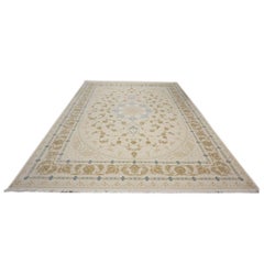 Tabriz turc acrylique 10x13 Ivoire, camel et bleu Tapis de sol fabriqué à la machine