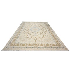 Turkish Tabriz Acrylic 10x13 Ivory, Camel & Blue Machine Made Area Rug