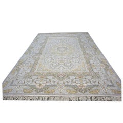 Turkish Tabriz Acrylic 8x12 Grey, Ivory & Gold Machine Made Area Rug