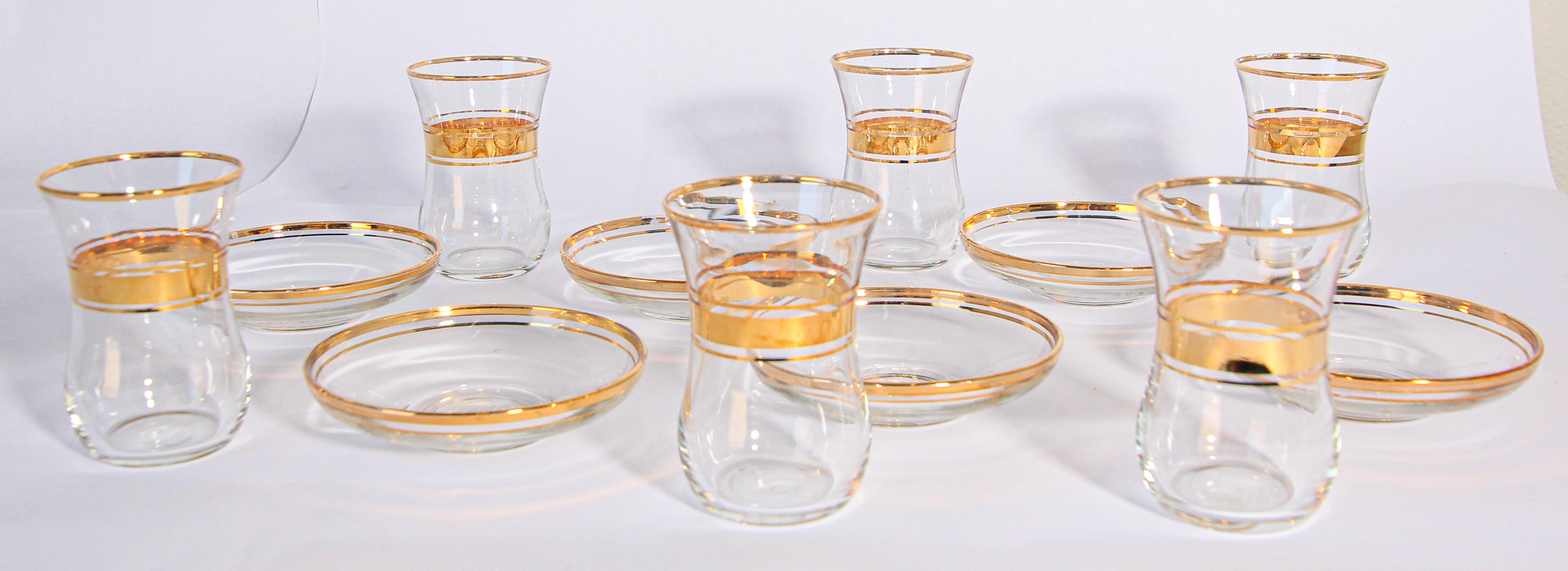 Moorish Turkish Tea Glasses with Gold Overlay Set of Six For Sale