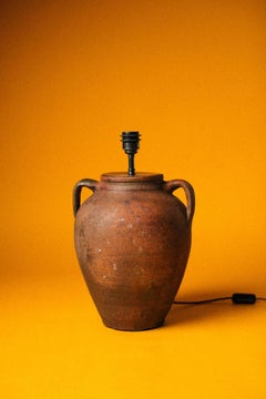 20th-Century Hand-Thrown Anatolian Terracotta Twin-Handled Olive Jar Table Lamp