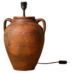 20th-Century Hand-Thrown Anatolian Terracotta Twin-Handled Olive Jar Table Lamp