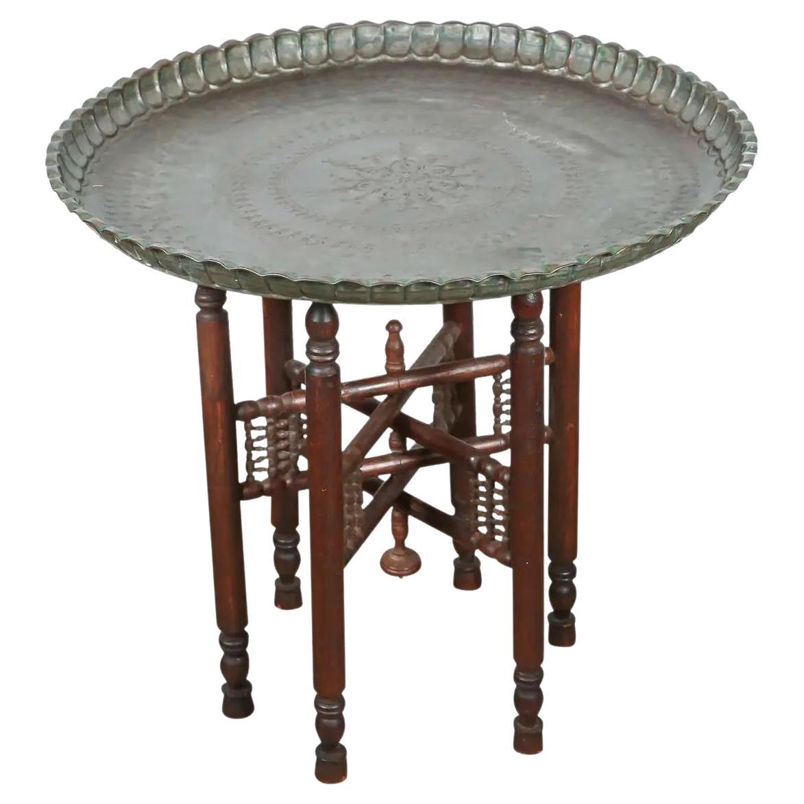 Turkish Tin Copper Tray Table on Wooden Folding Stand For Sale