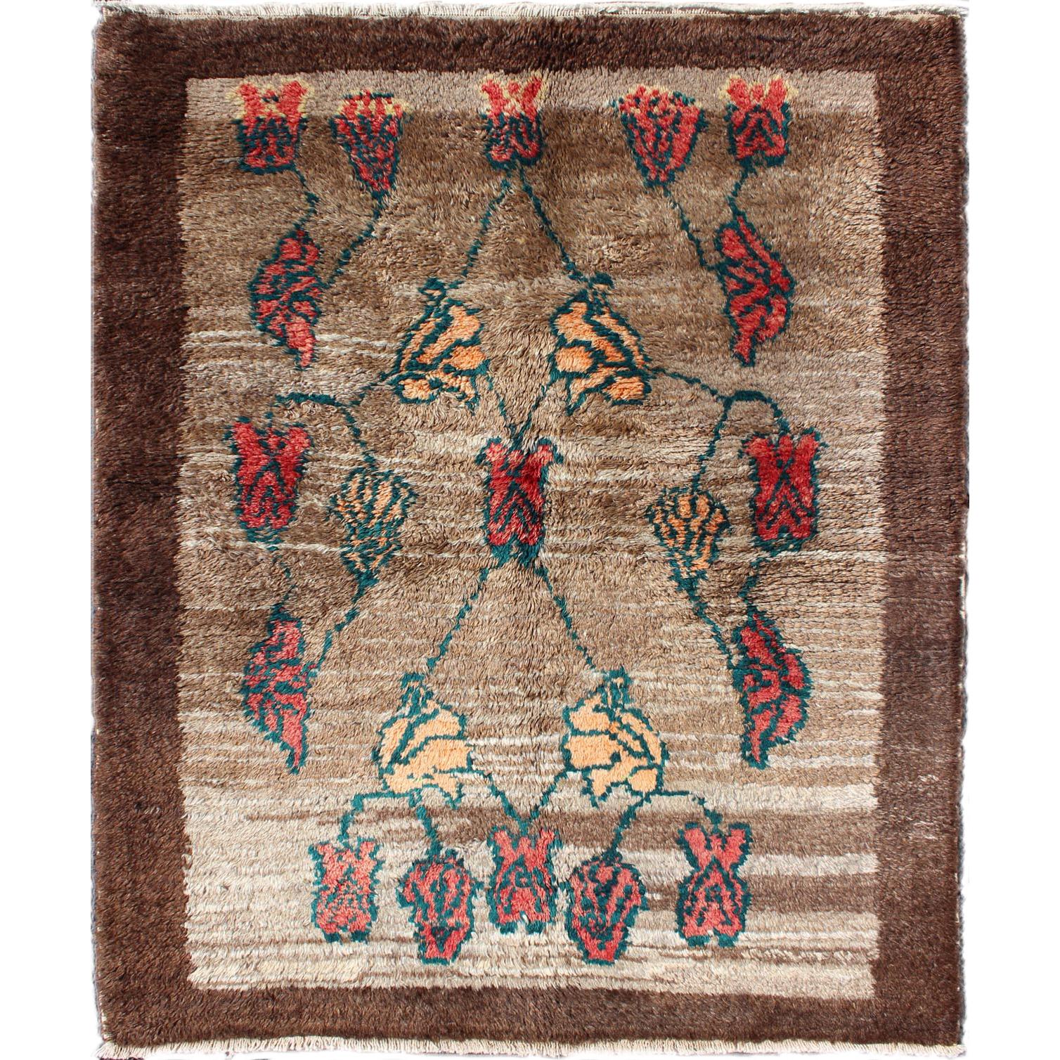 Vintage Tulu rug with Fine Wool in Camel Color Field & Brown Border