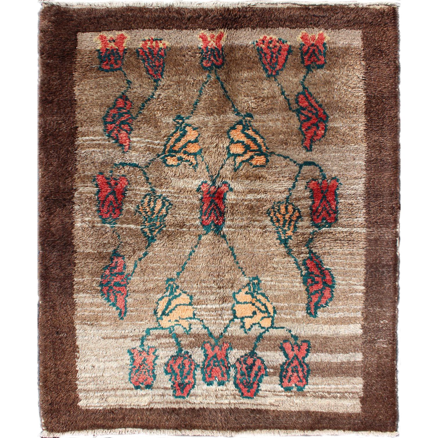 Tapis Tulu vintage en laine fine avec champ de couleur camel et bordure marron en vente