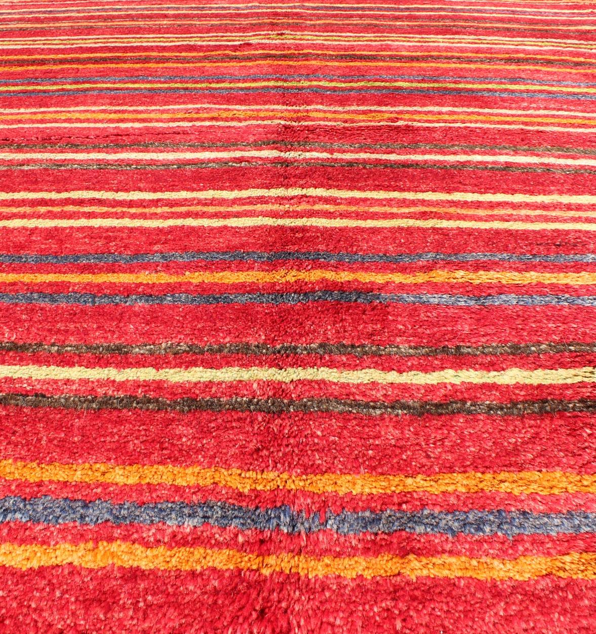 Turkish Tulu Carpet with Colorful Striped Pattern in Red, Orange, Blue, Green For Sale 3
