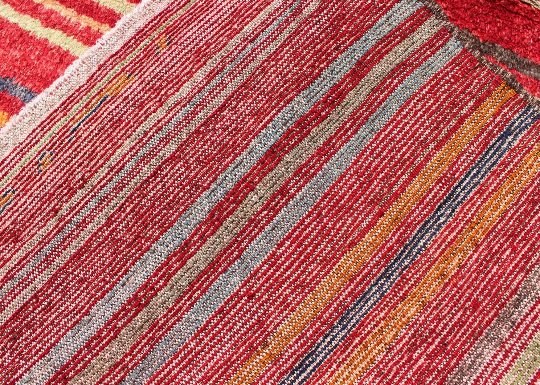 Turkish Tulu Carpet with Colorful Striped Pattern in Red, Orange, Blue, Green For Sale 4