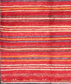 Turkish Tulu Carpet with Colorful Striped Pattern in Red, Orange, Blue, Green