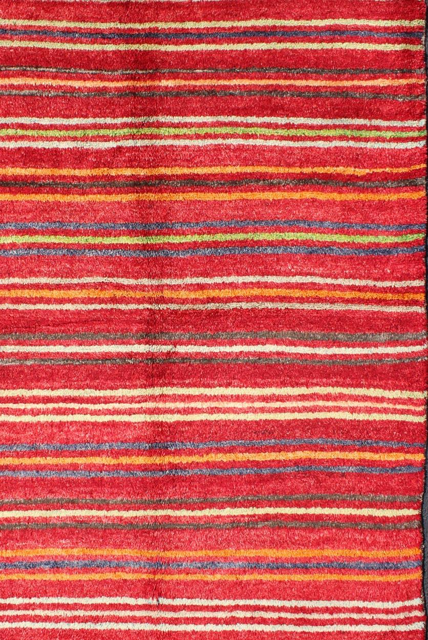 Hand-Knotted Turkish Tulu Carpet with Colorful Striped Pattern in Red, Orange, Blue, Green For Sale