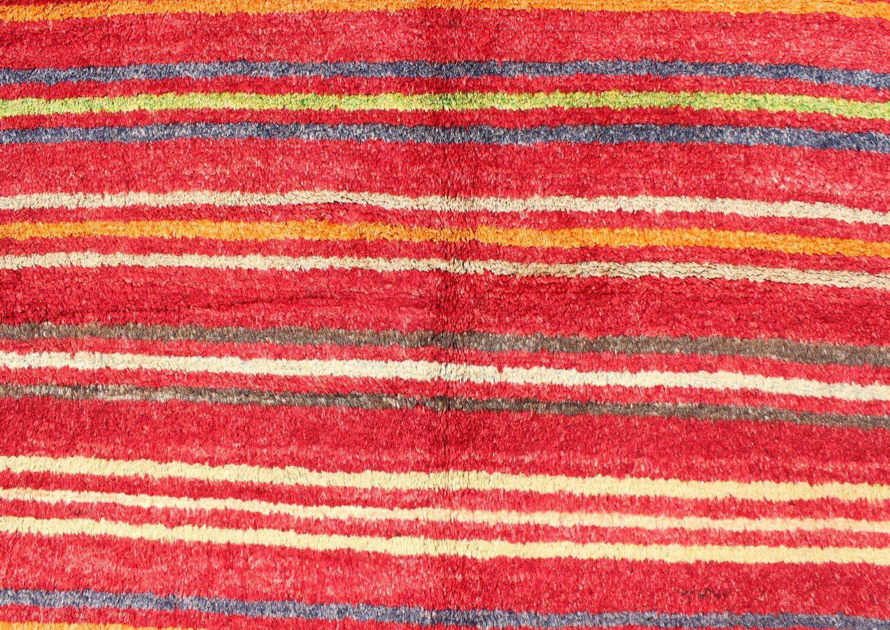 20th Century Turkish Tulu Carpet with Colorful Striped Pattern in Red, Orange, Blue, Green For Sale
