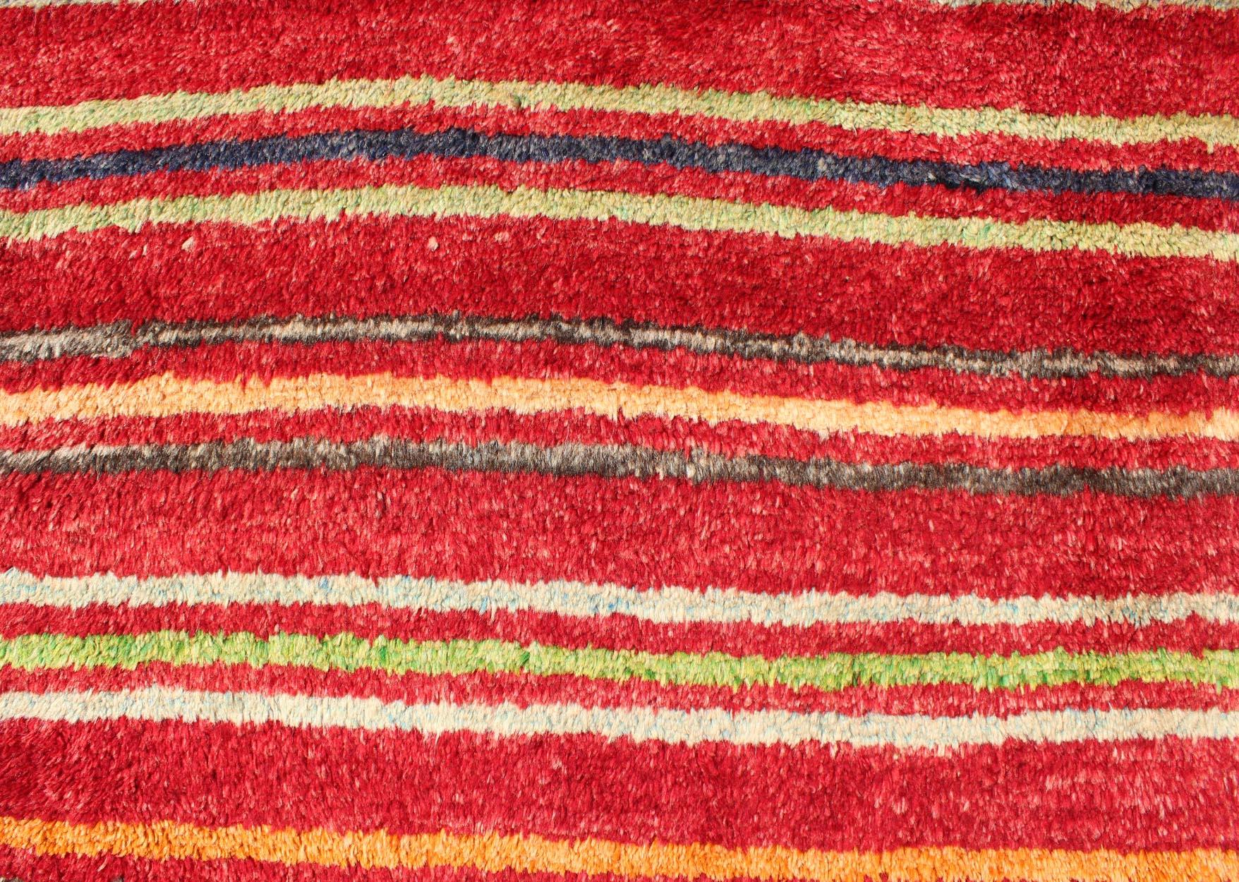 Wool Turkish Tulu Carpet with Colorful Striped Pattern in Red, Orange, Blue, Green For Sale