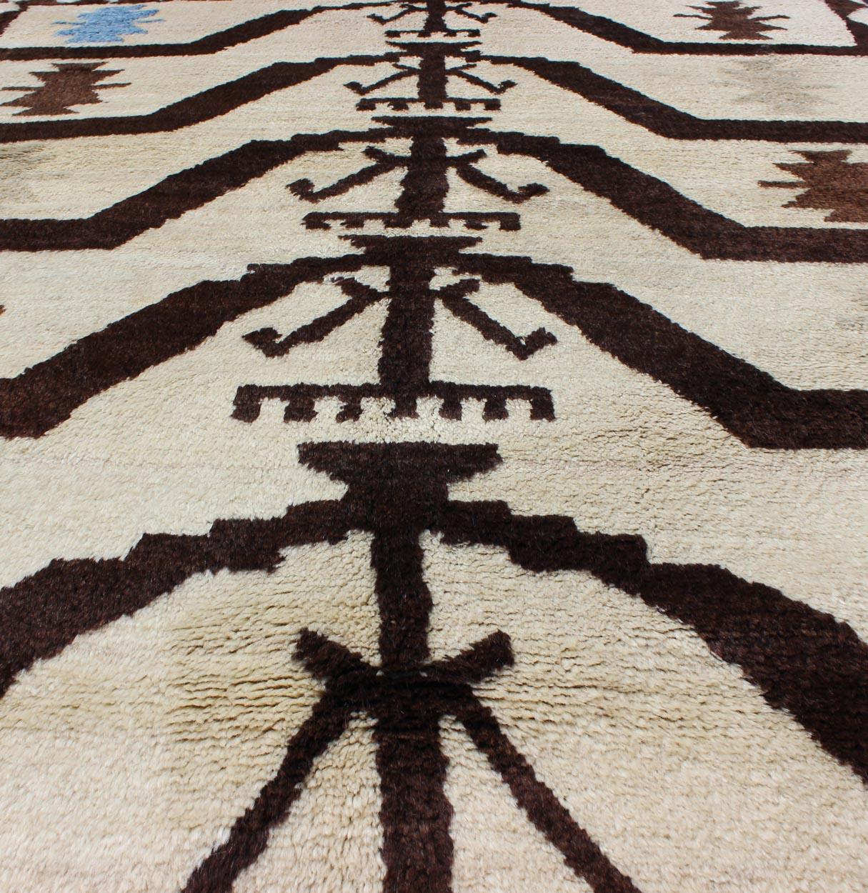 Wool Turkish Tulu Carpet with Mid-Century Modern Design in Brown, Off-White and Blue For Sale