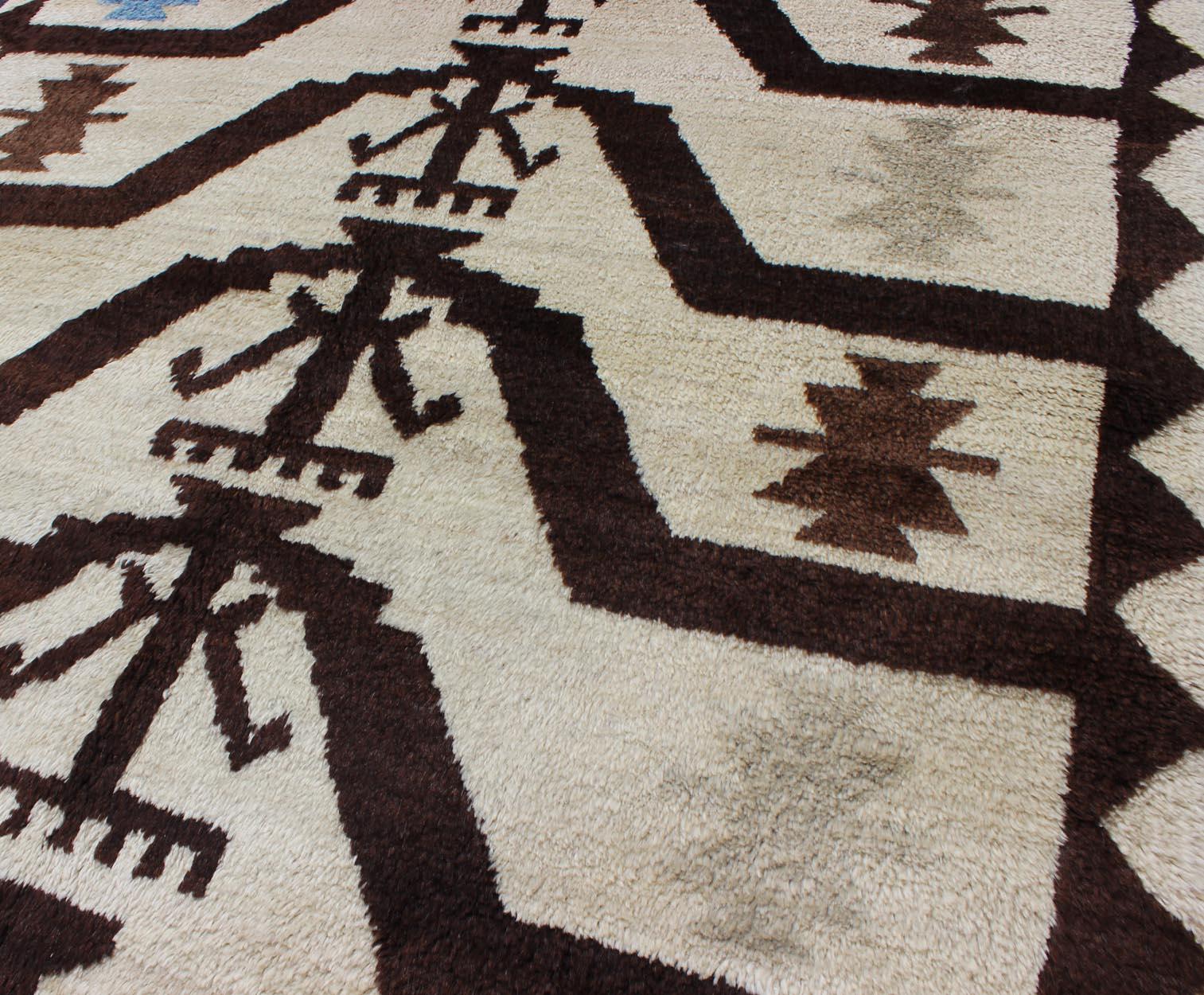 Turkish Tulu Carpet with Mid-Century Modern Design in Brown, Off-White and Blue For Sale 1