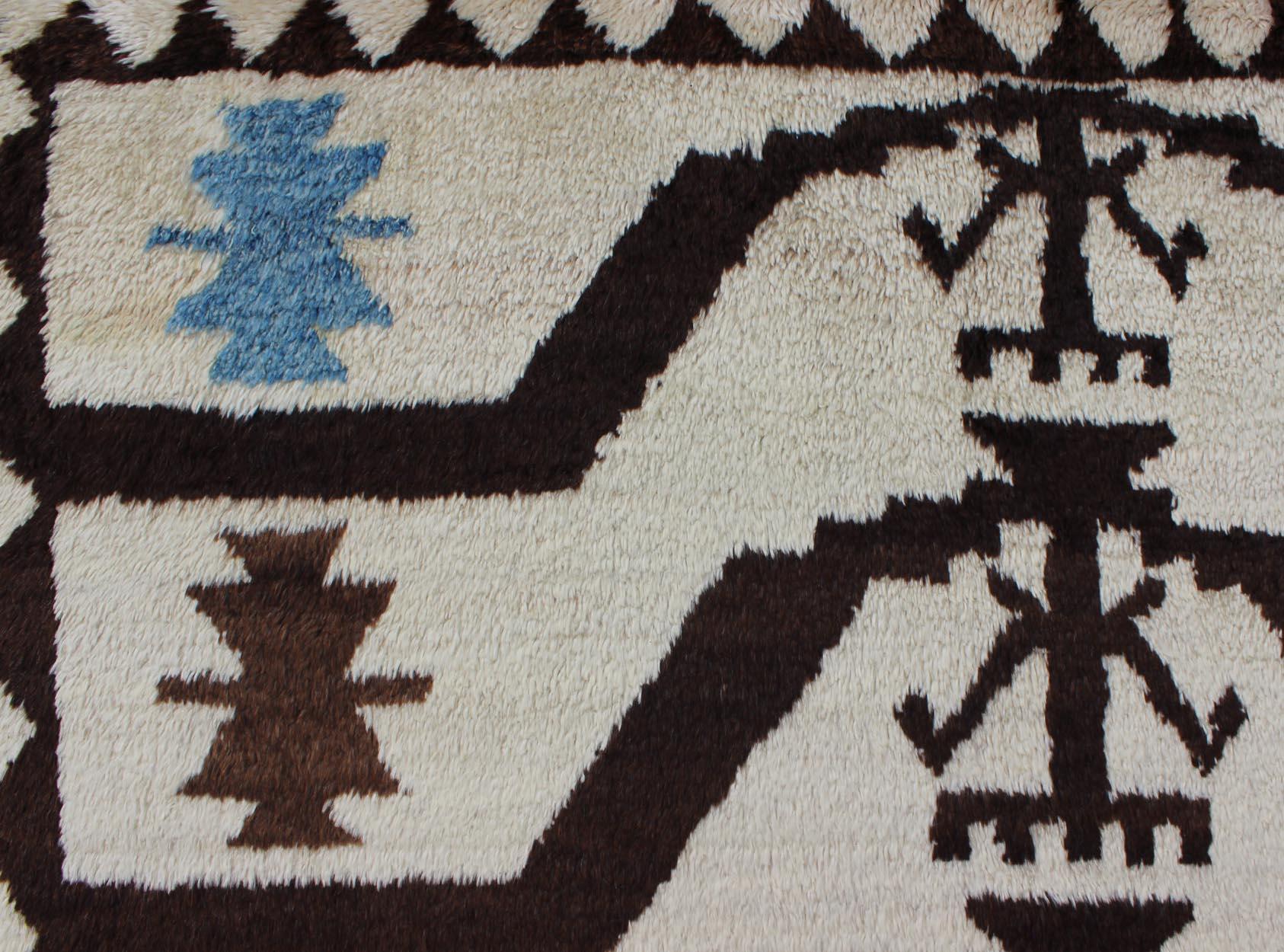 Turkish Tulu Carpet with Mid-Century Modern Design in Brown, Off-White and Blue For Sale 3