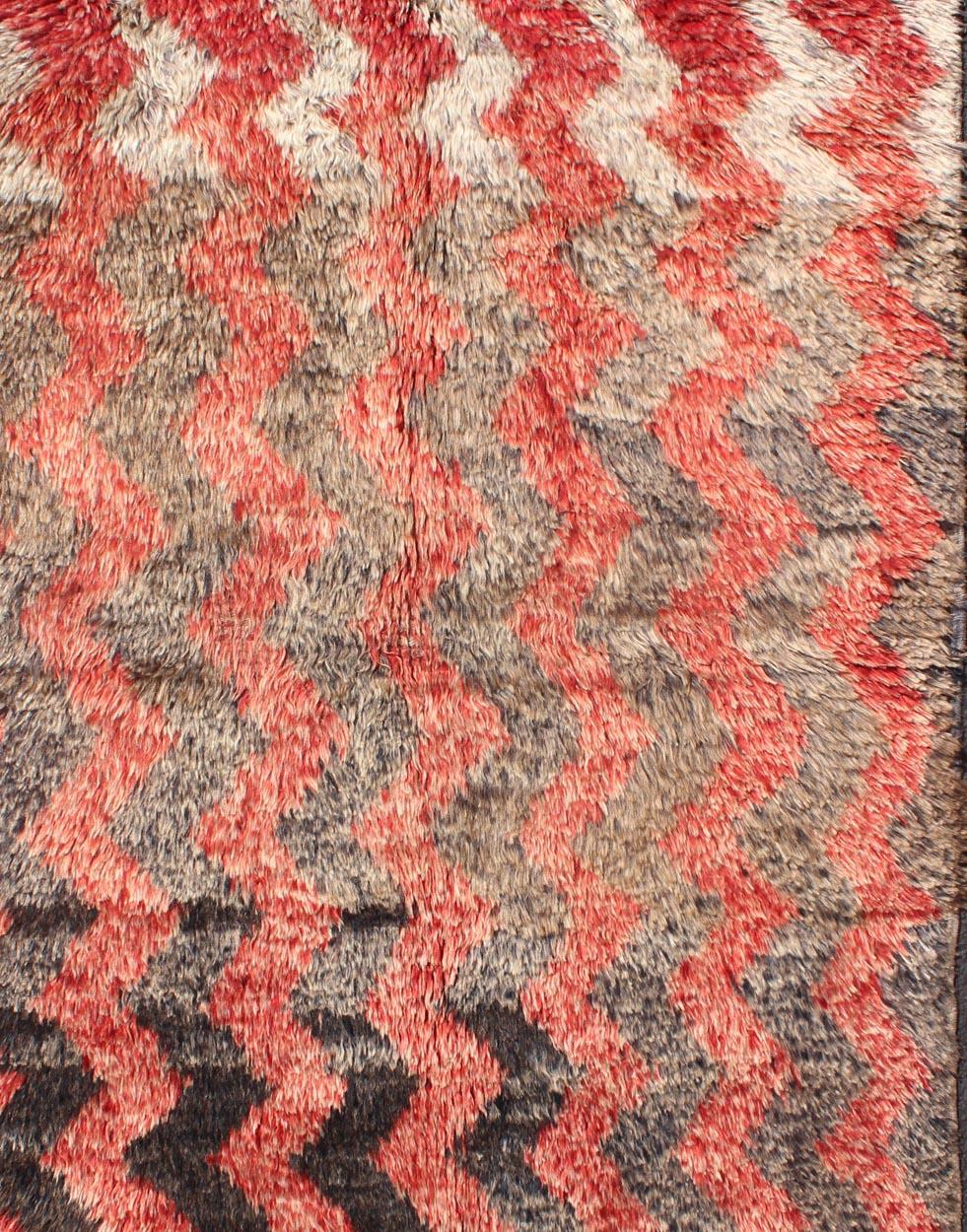 Hand-Knotted Turkish Tulu Carpet with Zig-Zag Stripe Pattern in Gray, Charcoal and Red