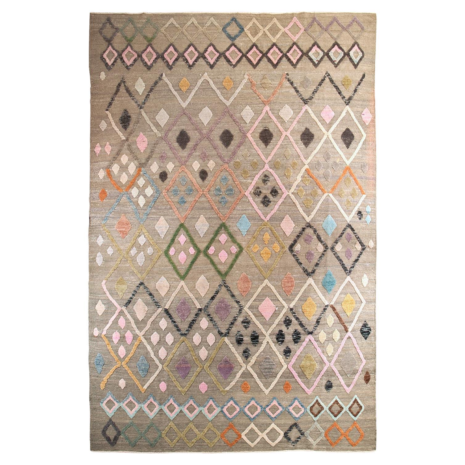 Turkish Tulu Rug in Multicolor Geometric Design