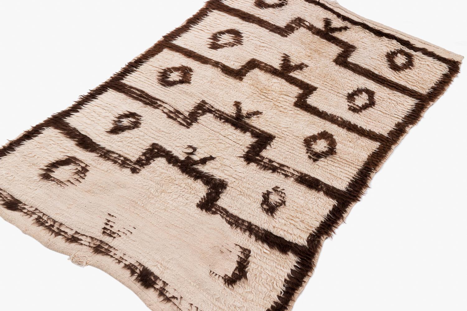 Tribal White and Brown Wool Rug Turkish Tulu