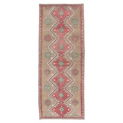 Turkish Tulu Runner With Geometric Medallions in Vivid Coral, Tan, Mint Green