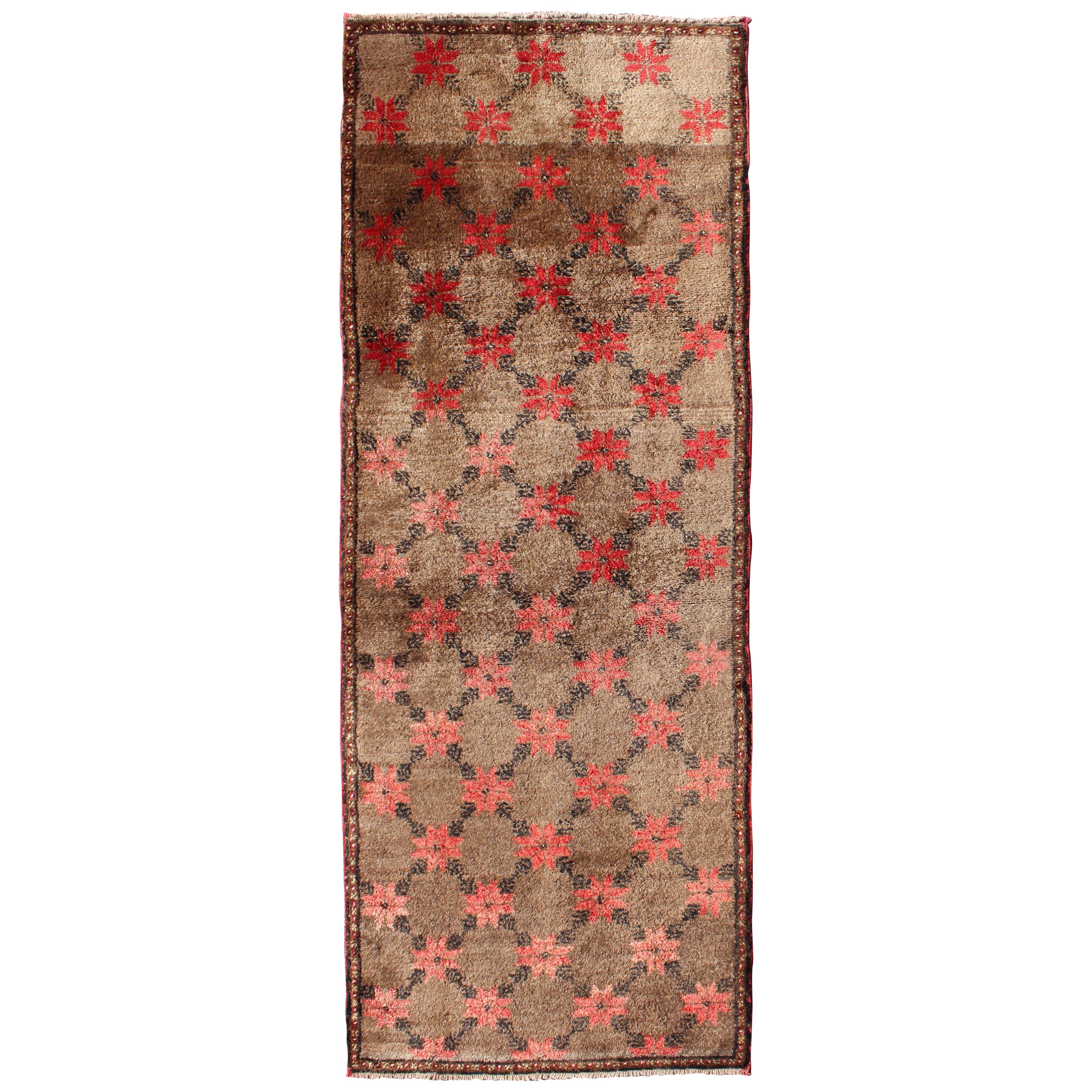 Turkish Tulu Runner with Poinsettias Design in Brown, Charcoal, Red and Ivory For Sale