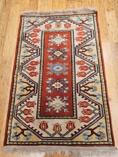 Turkish Village Area Rug in Geometric Pattern in Terracotta, Ivory, Brown