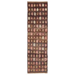 Turkish Vintage Flat-Weave All-Over Flower Kilim on a Chocolate Background Turkish Vintage Flat-Weave All-Over Flower Kilim on a Chocolate Background