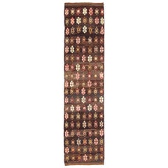 Turkish Vintage Flat-Weave All-Over Flower Kilim on a Chocolate Background Turkish Vintage Flat-Weave All-Over Flower Kilim on a Chocolate Background