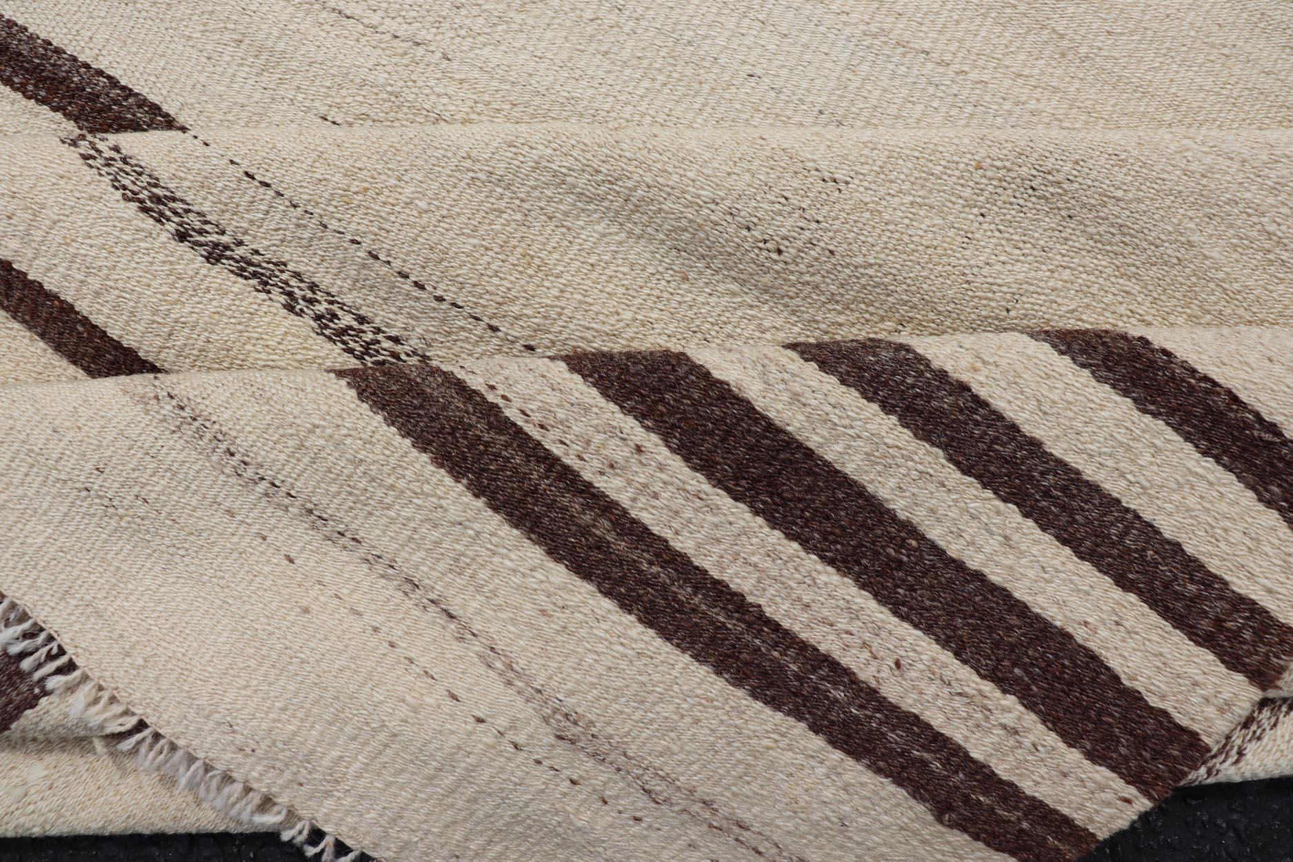 Turkish Vintage Flat-Weave in Brown and Cream with Stripe Design For Sale 3