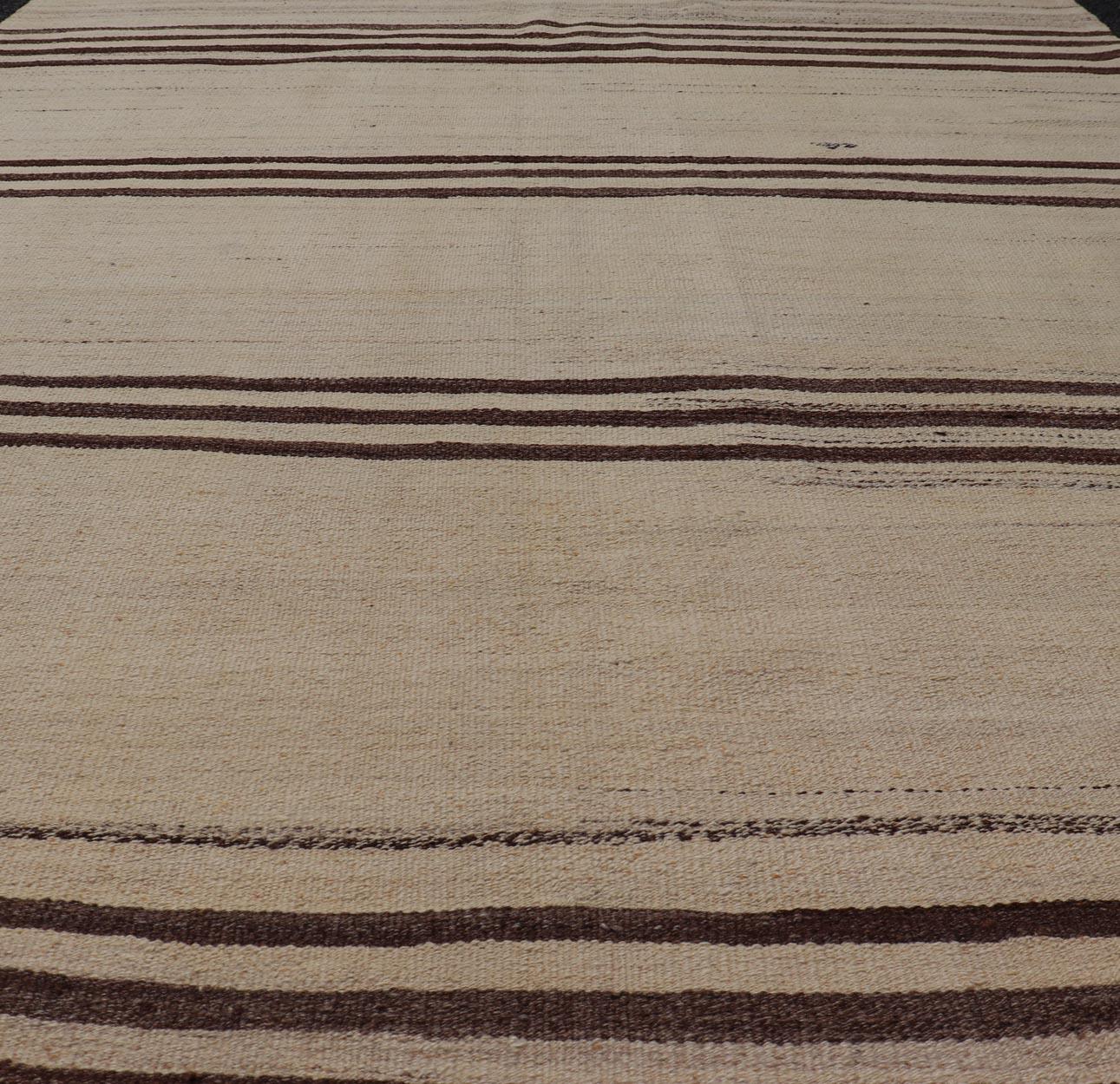 Kilim Turkish Vintage Flat-Weave in Brown and Cream with Stripe Design For Sale