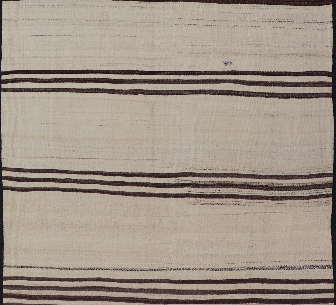 Wool Turkish Vintage Flat-Weave in Brown and Cream with Stripe Design For Sale