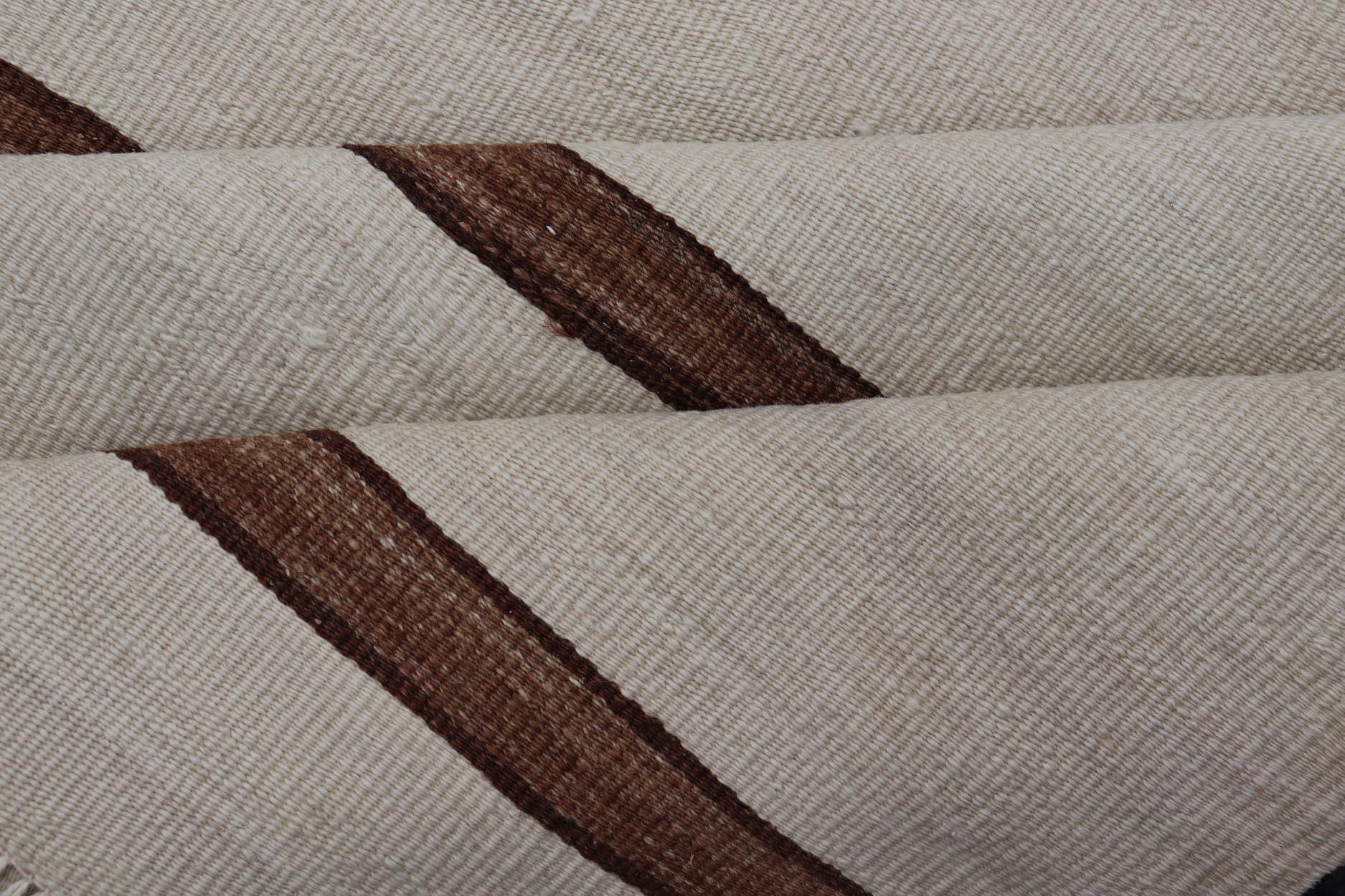 Turkish Vintage Flat-Weave in Light Brown and Cream with Stripe Design For Sale 4