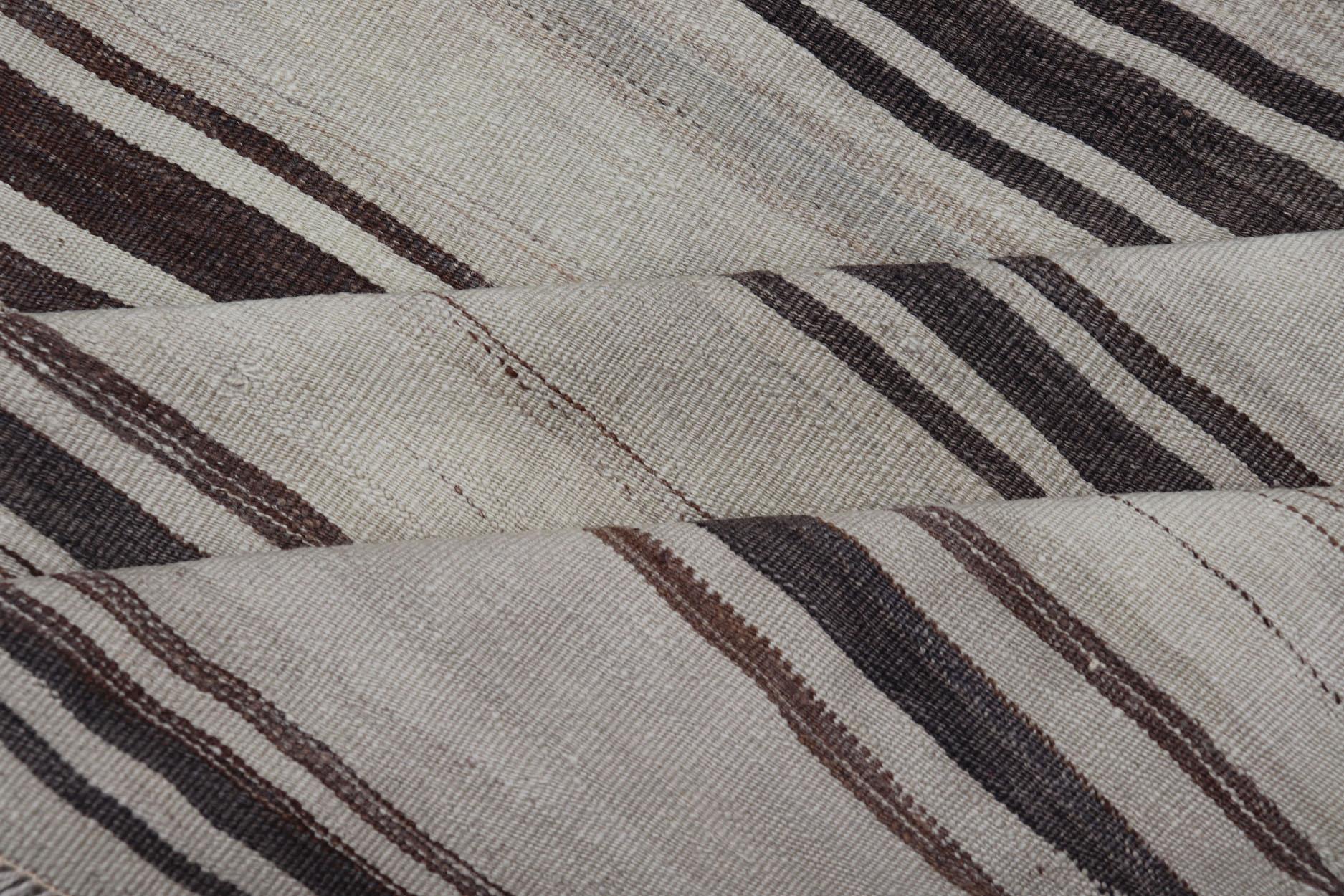 Turkish Vintage Flat-Weave in Shades of Brown and Ivory with Stripe Design For Sale 3