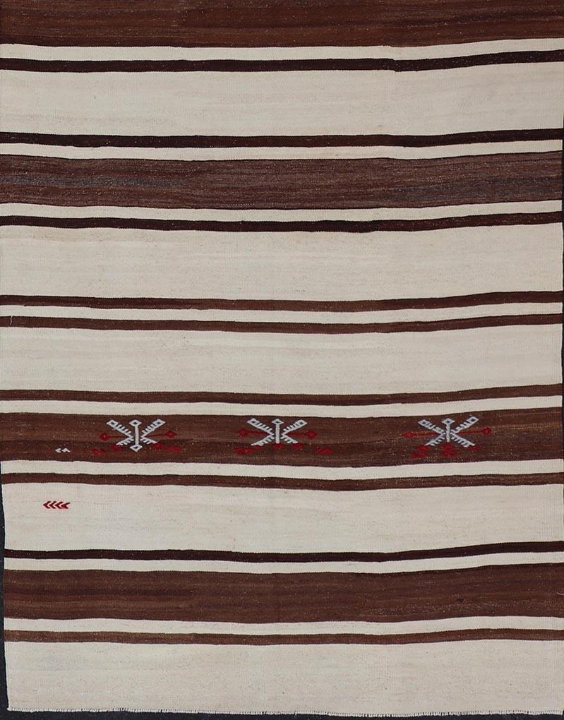 Turkish Vintage Flat-Weave in Shades of Brown and Ivory with Stripe Design For Sale 3