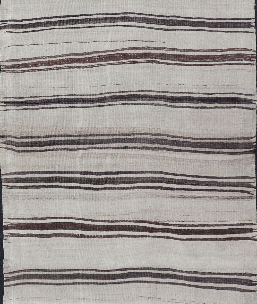 Kilim Turkish Vintage Flat-Weave in Shades of Brown and Ivory with Stripe Design For Sale
