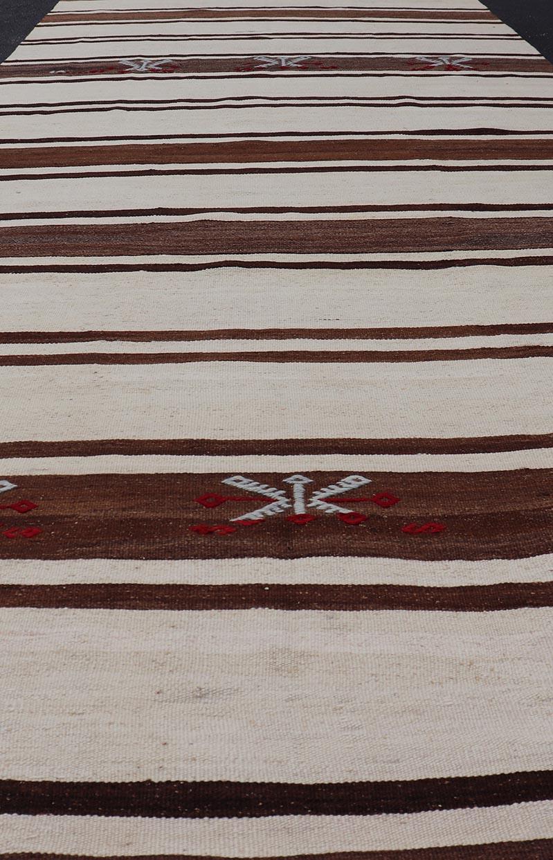 Kilim Turkish Vintage Flat-Weave in Shades of Brown and Ivory with Stripe Design For Sale
