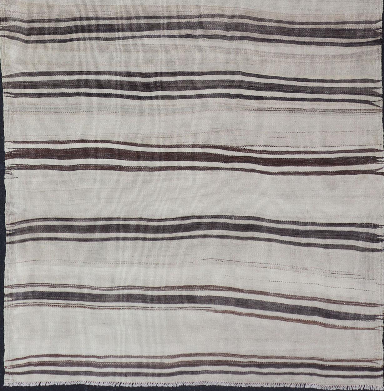 Hand-Woven Turkish Vintage Flat-Weave in Shades of Brown and Ivory with Stripe Design For Sale