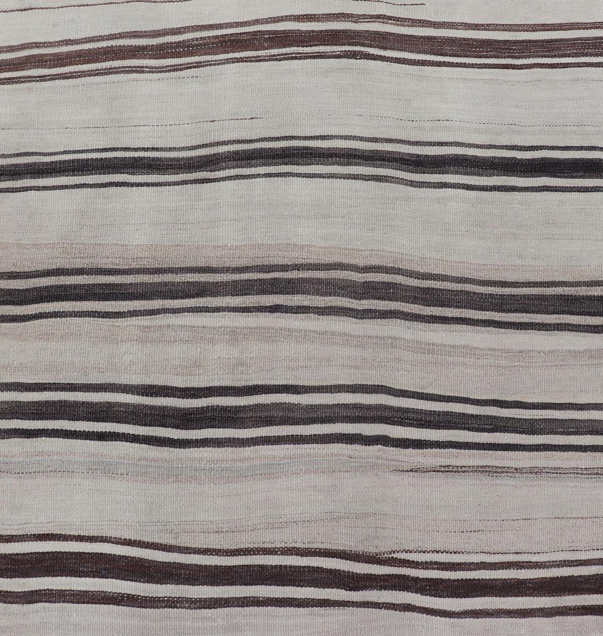 Wool Turkish Vintage Flat-Weave in Shades of Brown and Ivory with Stripe Design For Sale