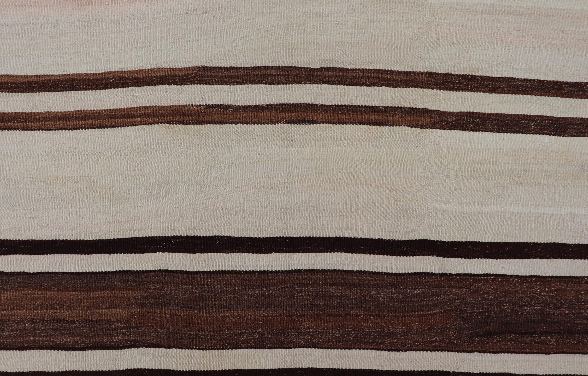Wool Turkish Vintage Flat-Weave in Shades of Brown and Ivory with Stripe Design For Sale
