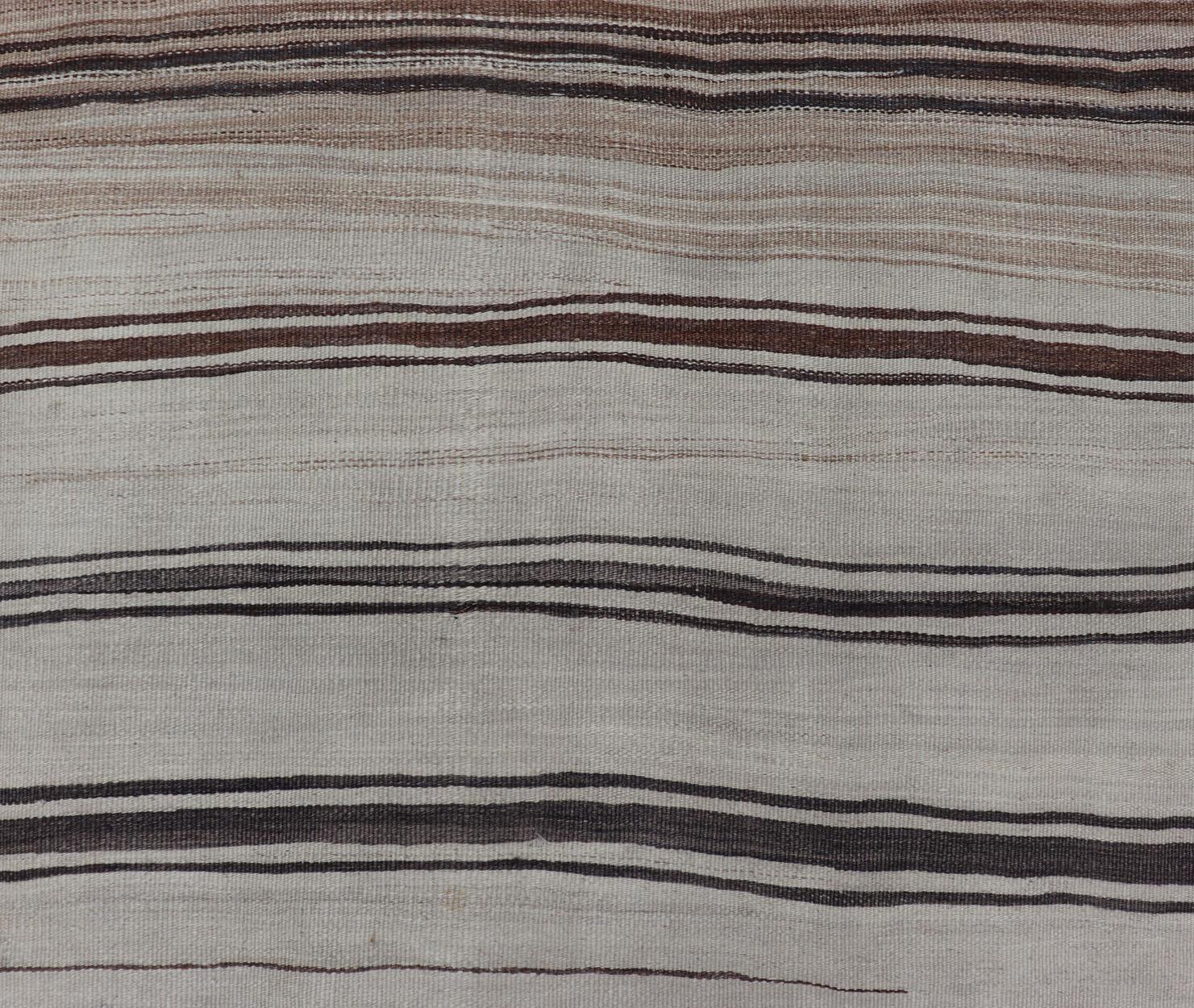 Turkish Vintage Flat-Weave in Shades of Brown and Ivory with Stripe Design For Sale 1