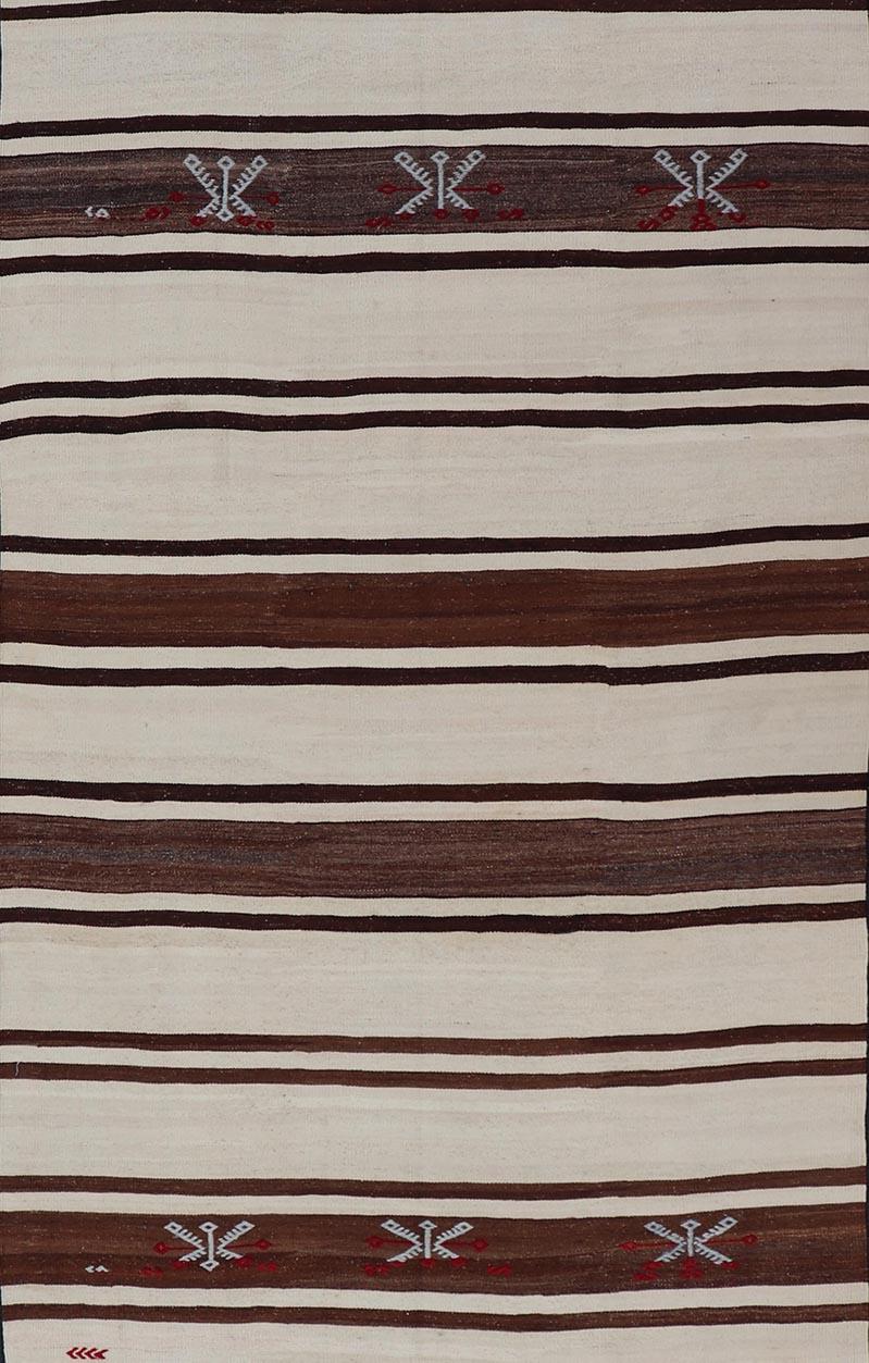 Turkish Vintage Flat-Weave in Shades of Brown and Ivory with Stripe Design For Sale 2