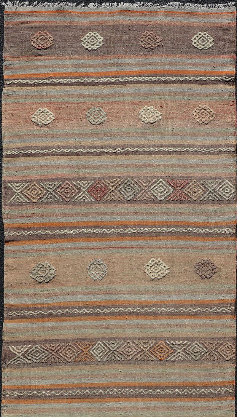 Hand-Woven Turkish Vintage Flat-Weave Kilim in Muted Colors with Stripes and Embroideries For Sale