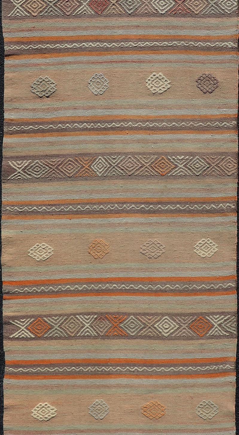 Turkish Vintage Flat-Weave Kilim in Muted Colors with Stripes and Embroideries In Good Condition For Sale In Atlanta, GA