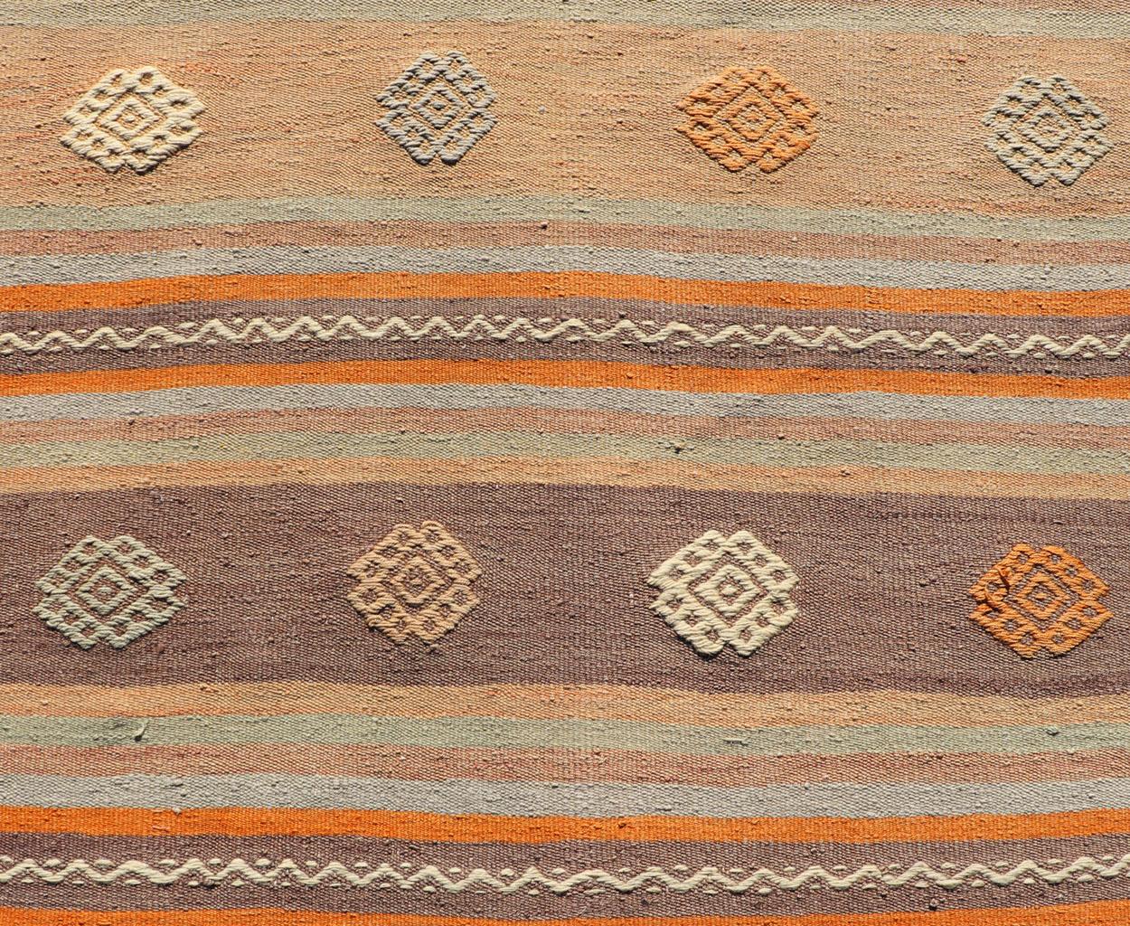 Turkish Vintage Flat-Weave Kilim in Muted Colors with Stripes and Embroideries For Sale 1