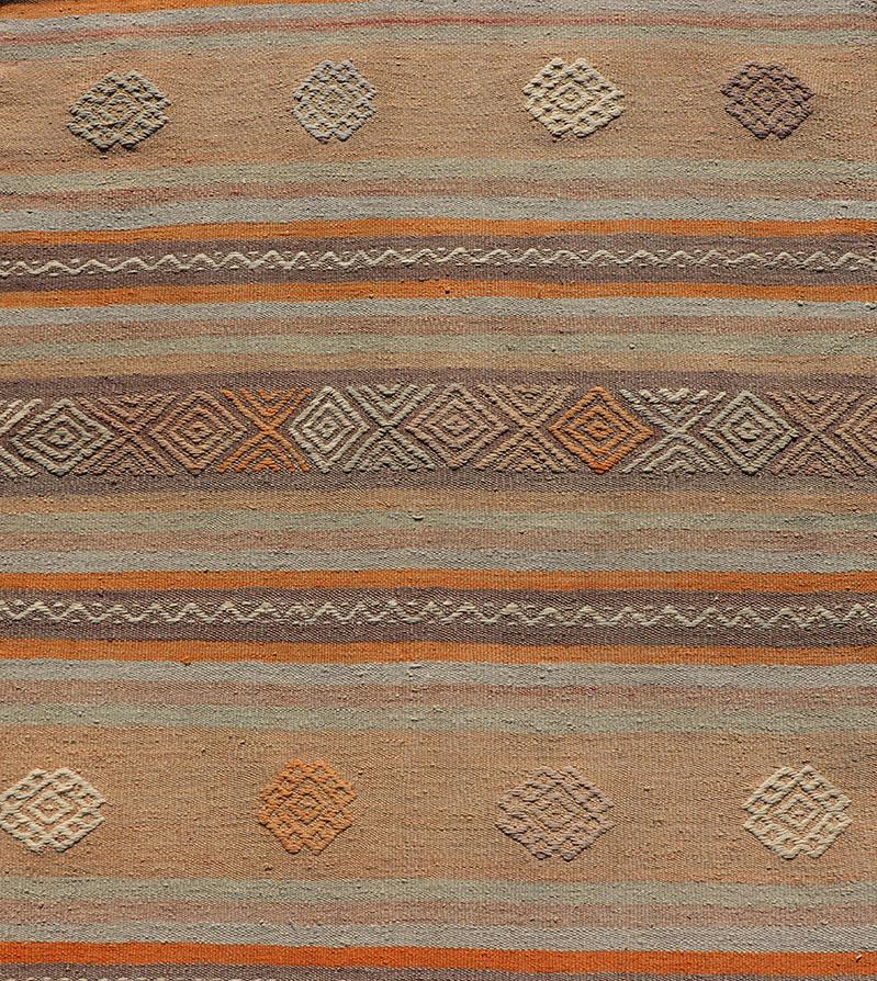 Turkish Vintage Flat-Weave Kilim in Muted Colors with Stripes and Embroideries For Sale 2