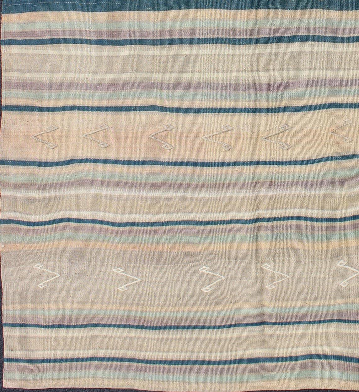 Hand-Woven Turkish Vintage Flat-Weave Kilim with Striped Design and Tribal Motifs For Sale